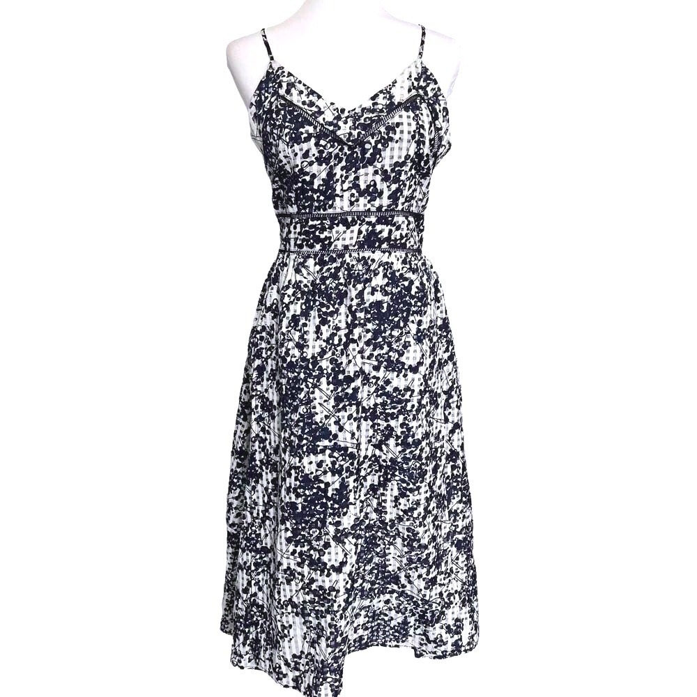 J.O.A Dress Sz 10 Navy Floral Gingham Midi Ladder Lace Garden‎ Preppy White Blue